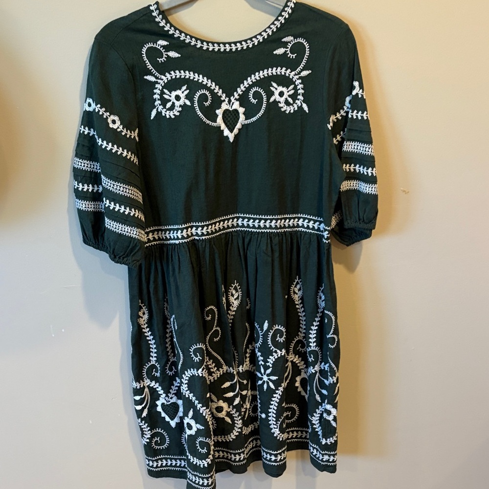 Dark Green Embroidered Dress with White Detailing